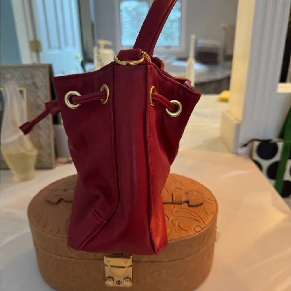 Aurielle Red and Gold Shoulder Bag with‎ Drawstring Closure
